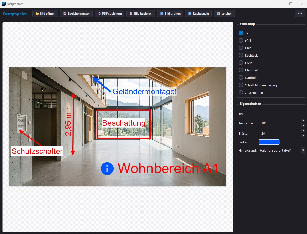 Fastgraphics Software zur Bildbeschriftung: Benutzeroberfläche unter Windows zum Markieren von Fotos